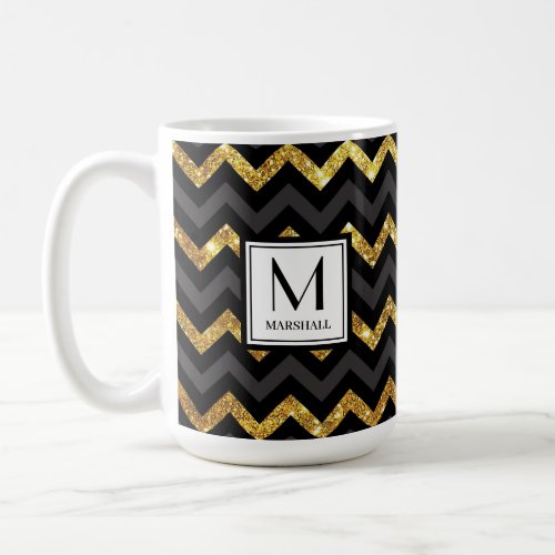 Black and Gold Chevron Monogram Name Coffee Mug