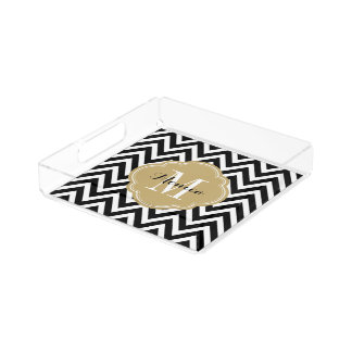 Black and Gold Chevron Monogram Serving Tray