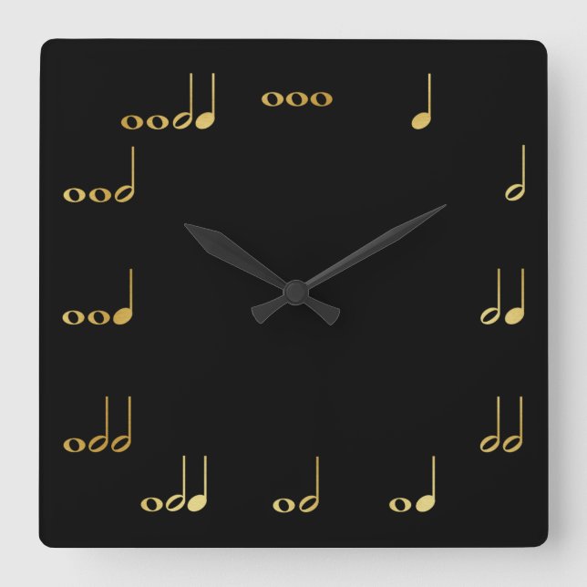 Black and Gold Chevron Musical Notes Square Wall Clock (Front)