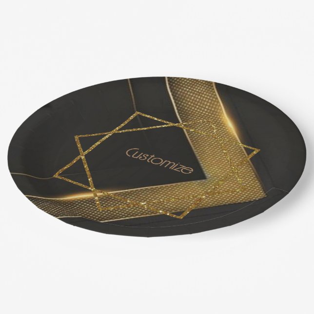 Black And Gold Chevron Paper Plates (Angled)