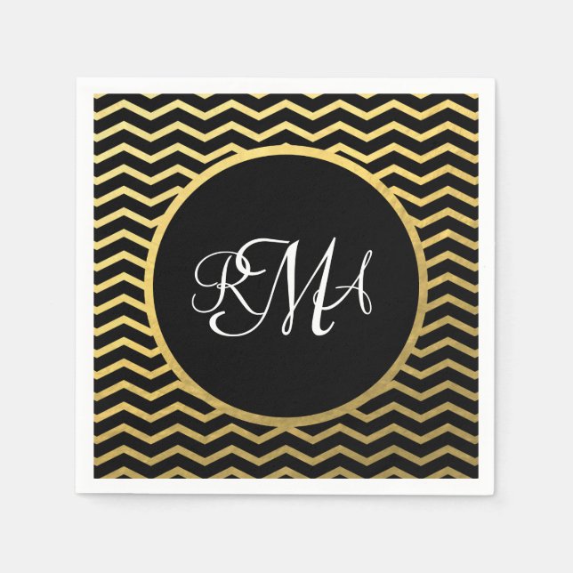 Black and Gold Chevron Pattern Triple Monogrammed Napkins (Front)