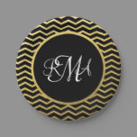 Black and Gold Chevron Pattern Triple Monogrammed Paper Plates