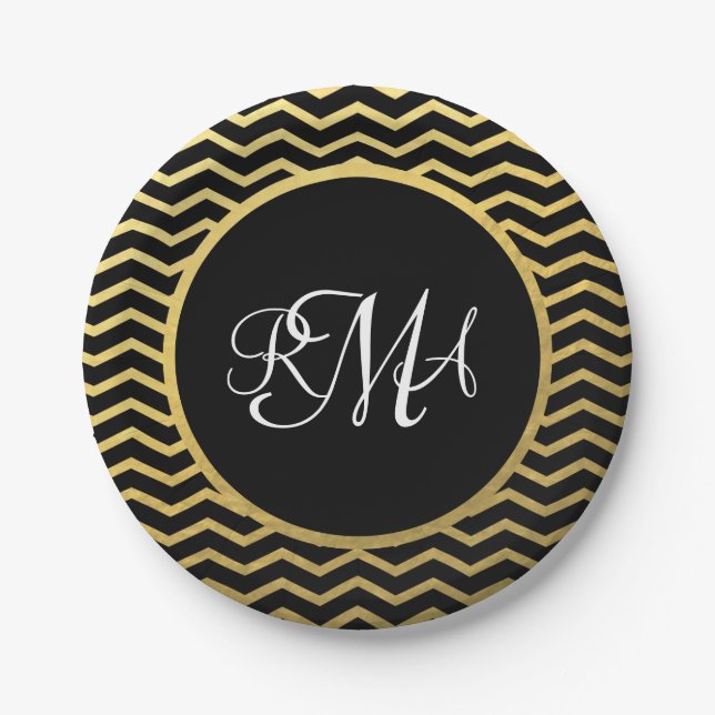 Black and Gold Chevron Pattern Triple Monogrammed Paper Plates (Front)