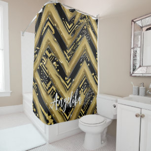 Black and Gold Chevron Personalized Name Shower Curtain