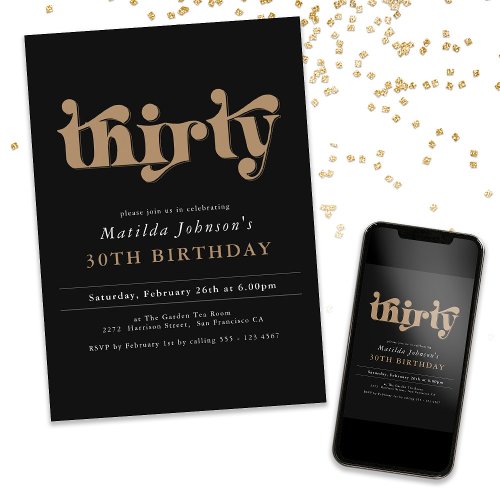 Black and Gold Chic 30th Birthday Party Invitation