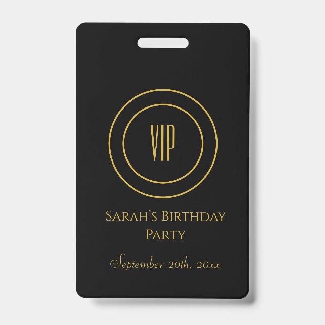 Black and Gold Chic Birthday Party VIP Access Badge (Front)