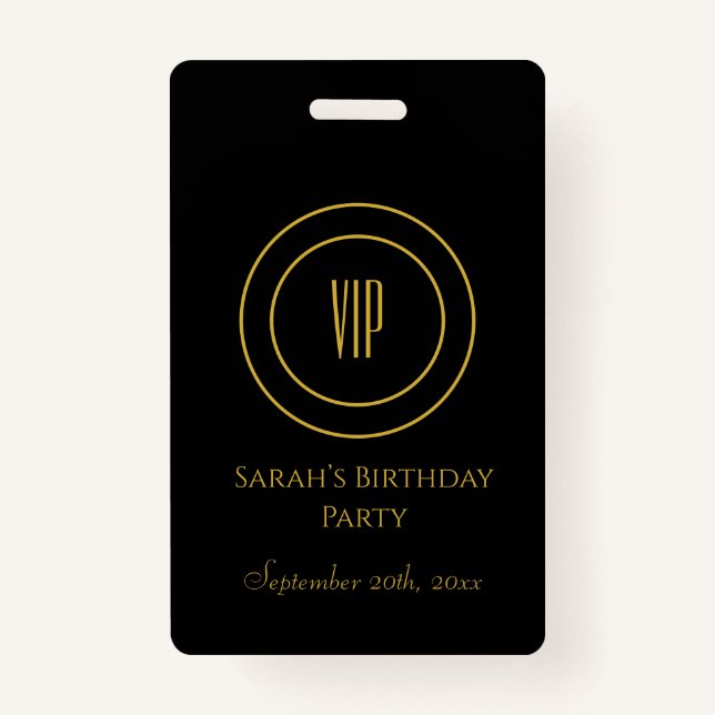Black and Gold Chic Birthday Party VIP Access Badge (Front)