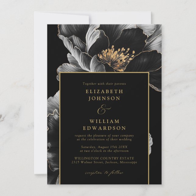 Black And Gold Chic Elegant Floral QR Code Wedding Invitation (Front)