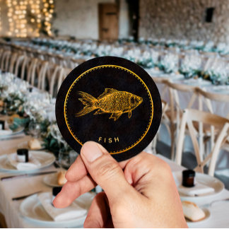 Black and Gold Chic Fish Wedding Food Choice Classic Round Sticker