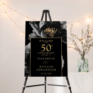Black And Gold Chic Floral 50th Anniversary Sign