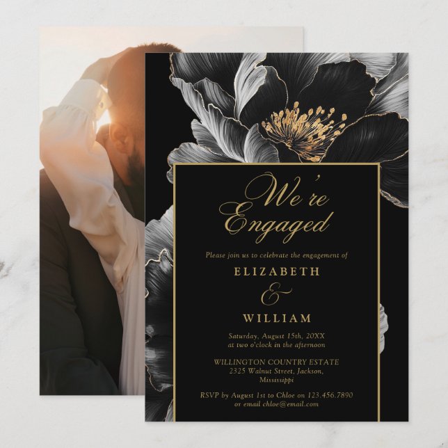 Black And Gold Chic Floral Engagement Party Photo Invitation (Front/Back)