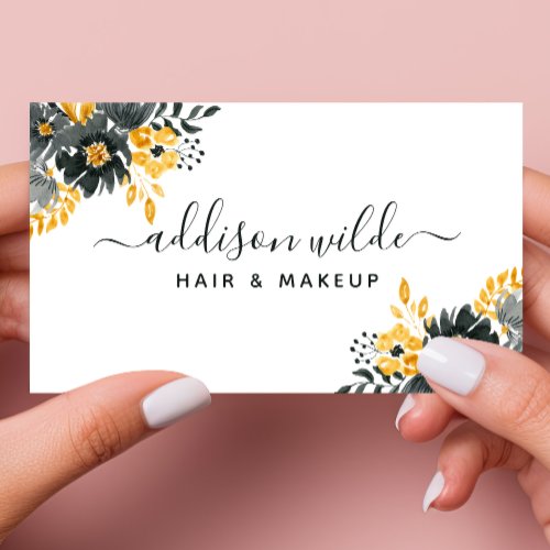Black And Gold Chic Floral Modern Watercolor Business Card
