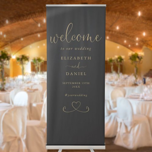 Black And Gold Chic Heart Script Wedding Welcome Retractable Banner