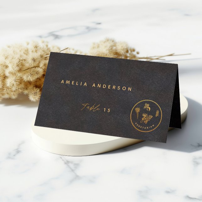 Black and Gold Chic Vegetarian Wedding Food Choice Place Card (Creator Uploaded)
