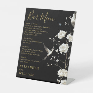 Black And Gold Chinoiserie Floral Bar Menu Wedding Pedestal Sign