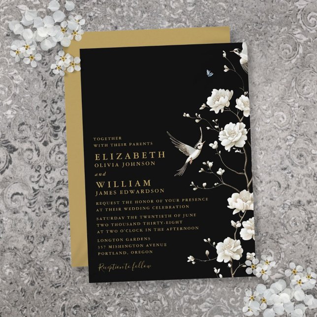 Black And Gold Chinoiserie Floral Garden Wedding Invitation (Creator Uploaded)