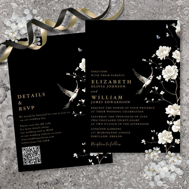 Black And Gold Chinoiserie Floral QR Code Wedding Invitation (Black And Gold Chinoiserie Floral QR Code Wedding Invitation)
