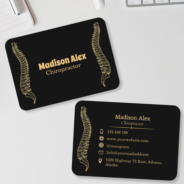 Black and Gold Chiropractor Spine Therapist Business Card (Creator Uploaded)