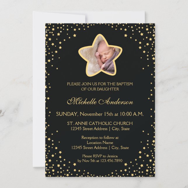 Black and Gold Christening Baptism Baby Star Photo Invitation (Front)