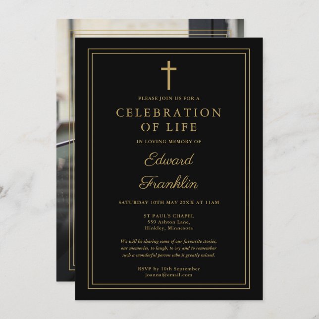 Black And Gold Christian Celebration Of Life Photo Invitation (Front/Back)