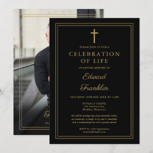Black And Gold Christian Celebration Of Life Photo Invitation