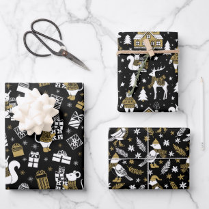 Black and Gold Christmas Animals Pattern  Wrapping Paper Sheets