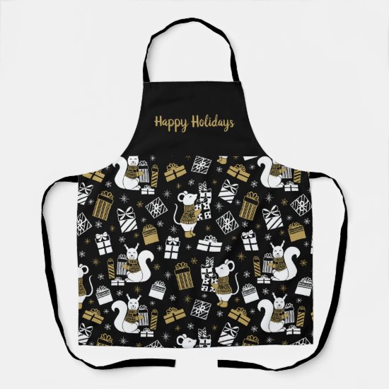 Black and Gold Christmas Mouse Squirrel Gifts Apron