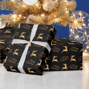 Black and Gold Christmas Reindeers Wrapping Paper