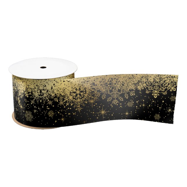 Black and Gold Christmas Snowflakes Satin Ribbon (Spool)