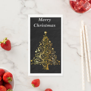 Black and Gold Christmas Tree Merry Christmas Paper Guest Towels