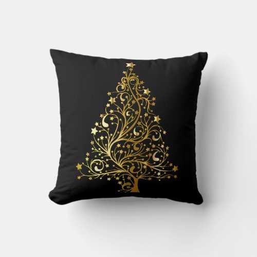 Black and Gold Christmas Tree Throw Pillow