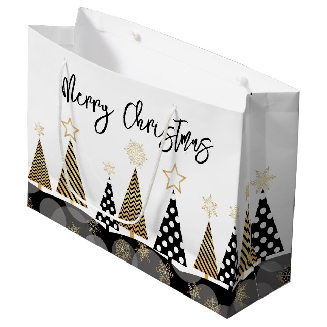 Black and Gold Christmas Trees Large Gift Bag (Front Angled)