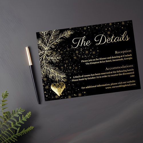 Black and Gold Christmas Wedding Details card