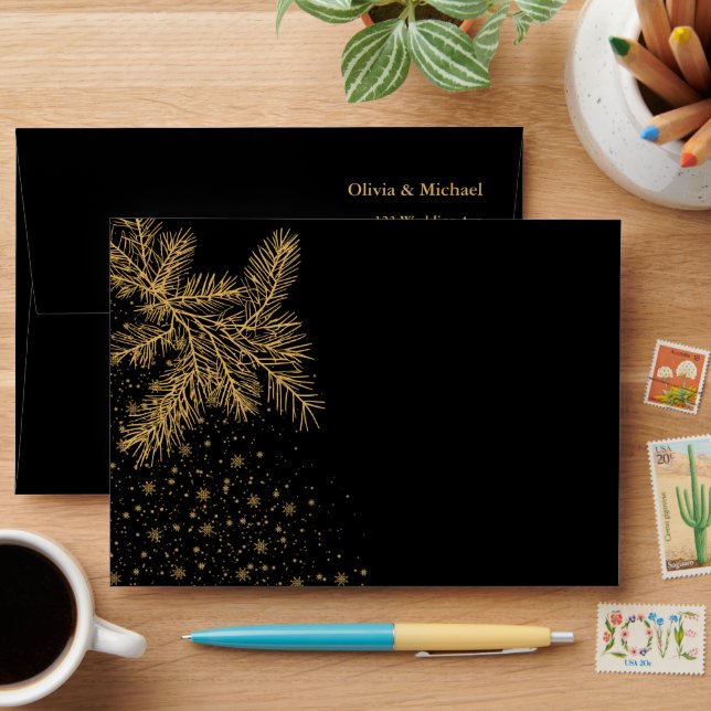 Black and Gold Christmas Winter Wedding Envelope (Desk)