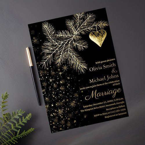 Black and Gold Christmas Winter Wedding Invitation