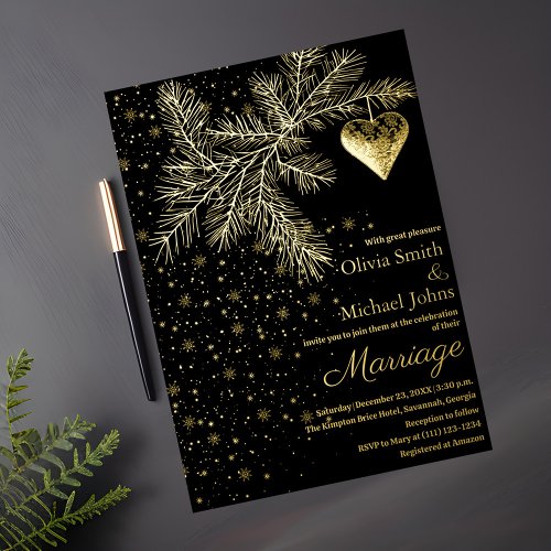 Black and Gold Christmas Winter Wedding Invitation