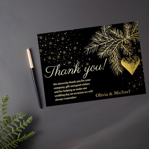 Black and Gold Christmas Winter Wedding Thank you  Foil Holiday Card