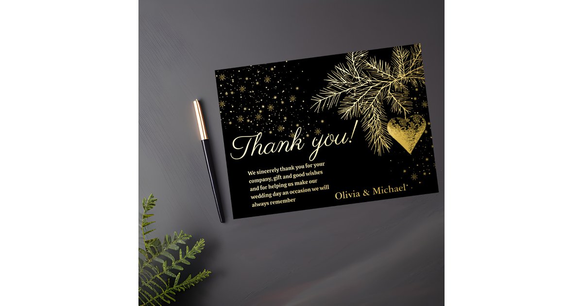 Black and Gold Christmas Winter Wedding Thank you Foil Holiday Card ...
