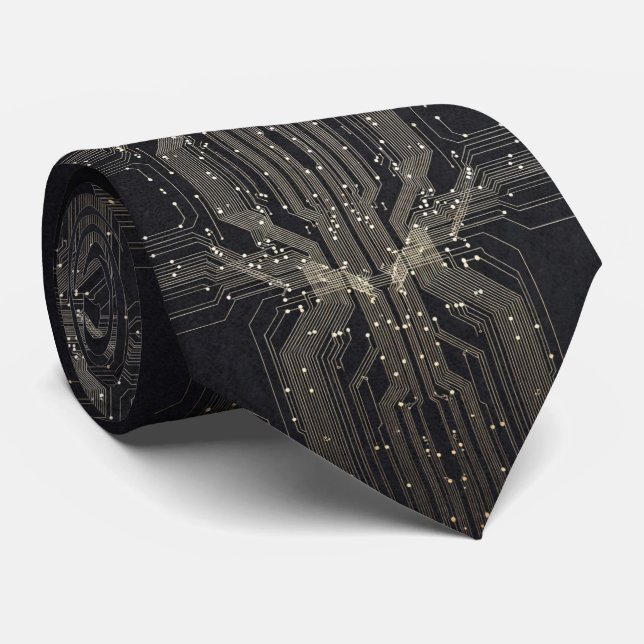 Black and Gold Circuit Board  Neck Tie (Rolled)