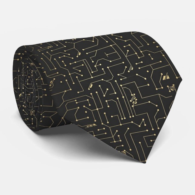 Black and Gold Circuit Board  Neck Tie (Rolled)