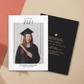 Black And Gold Class Of 2024 Graduation Photo Announcement by littleteapotdesigns at Zazzle