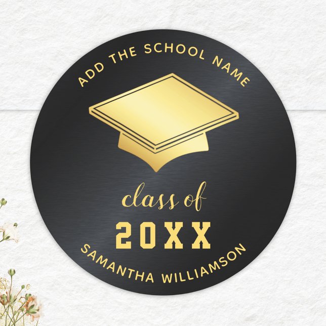 Black and Gold Class of 2025 Custom Graduation Classic Round Sticker (Creator Uploaded)
