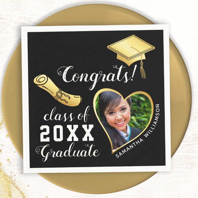 Black and Gold Class of 2025 Photo Graduation Napkins (Creator Uploaded)