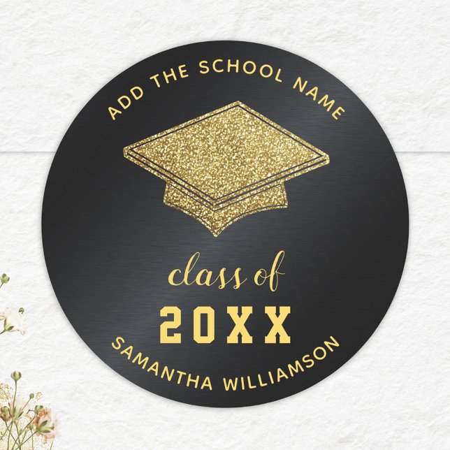 Black and Gold Class of 2025 School Graduation Classic Round Sticker (Creator Uploaded)