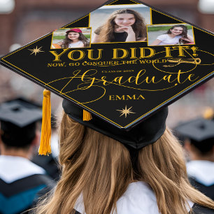 Black and Gold Class Of 2025 You Did It Quote Graduation Cap Topper