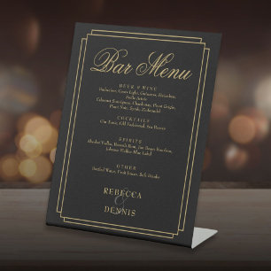 Black And Gold Classic Art Deco Wedding Bar Menu Pedestal Sign