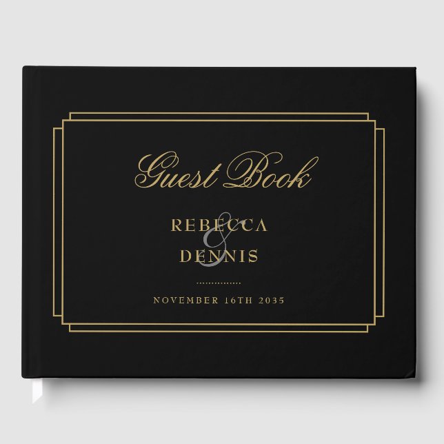 Black And Gold Classic Art Deco Wedding Guest Book (Front)