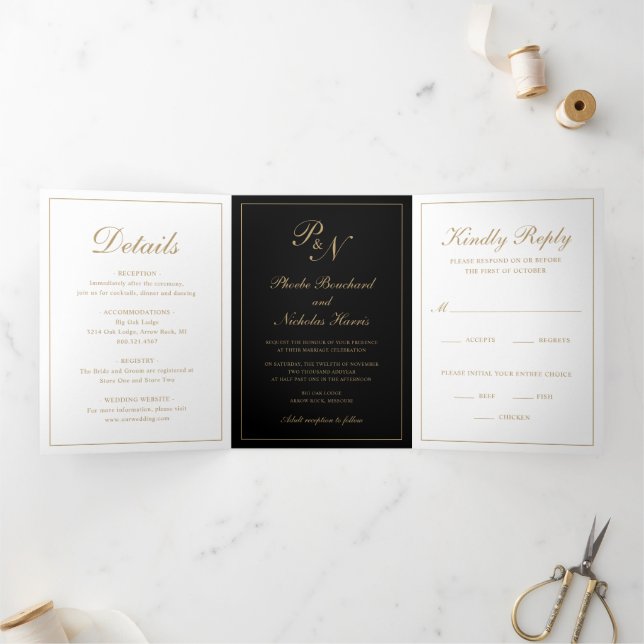 Black and Gold Classic Elegant Wedding Tri-Fold Invitation (Inside)