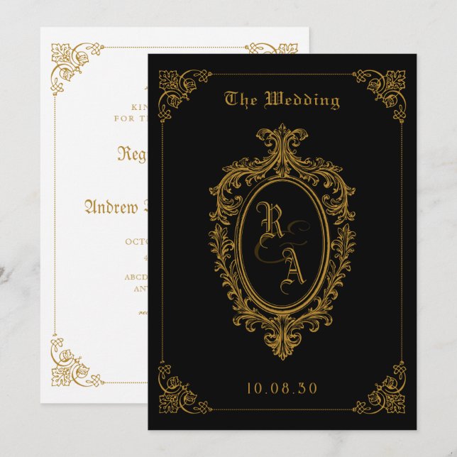 Black and gold Classic gothic wedding  invitation (Front/Back)