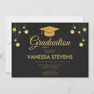 Black And Gold Classic Graduation Cap Party Invitation